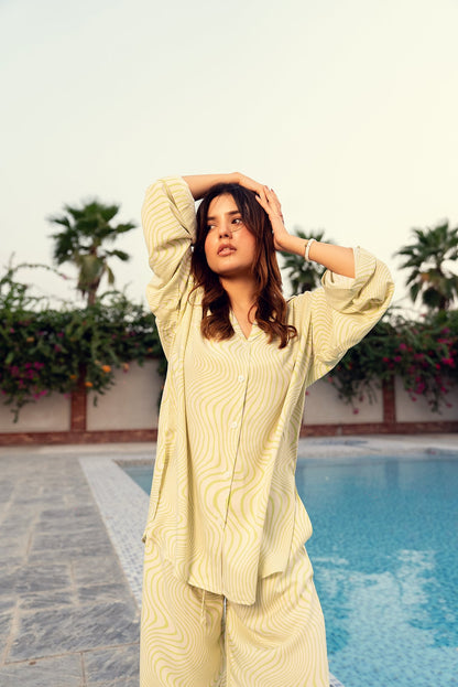 Yellow Wave Printed Linen Nightwear