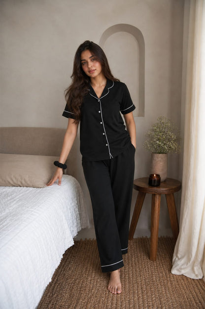 Front Open Pj Set - Black
